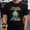 Official Minion weightlifting shirt featuring 'Just a Girl with Sass Working on Dat Ass' design, perfect for fun workouts.