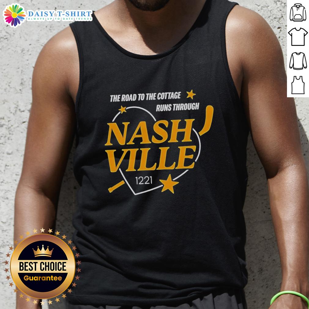 Official Nashville Predators The Road To The Cottage Runs Through Tank Top Nashville Predators tank top featuring 'The Road to the Cottage' design, perfect for fans and summer wear.