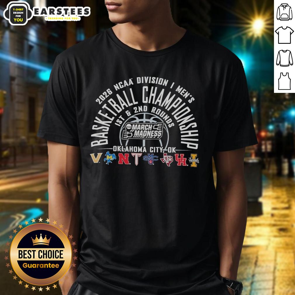 official-ncaa-division-i-mens-basketball-championship-2026-1st-and-2nd-rounds-oklahoma-city-ok-t-shirt-1 2026 NCAA Division I Men's Basketball Championship T-Shirt featuring Oklahoma City design for 1st and 2nd rounds.