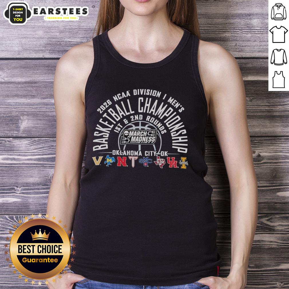 official-ncaa-division-i-mens-basketball-championship-2026-1st-and-2nd-rounds-oklahoma-city-ok-tank-top 2026 NCAA Division I Men's Basketball Championship tank top featuring Oklahoma City design for 1st and 2nd rounds.