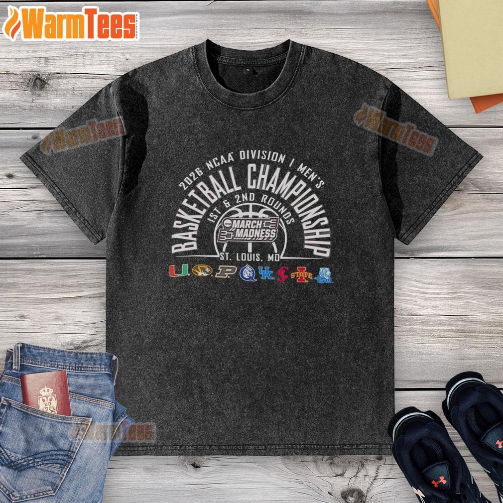 official-ncaa-division-i-mens-basketball-championship-2026-1st-and-2nd-rounds-st-louis-mo-washed-t-shirt Official NCAA Division I Men's Basketball Championship 2026 T-shirt for 1st and 2nd Rounds in St. Louis, MO.