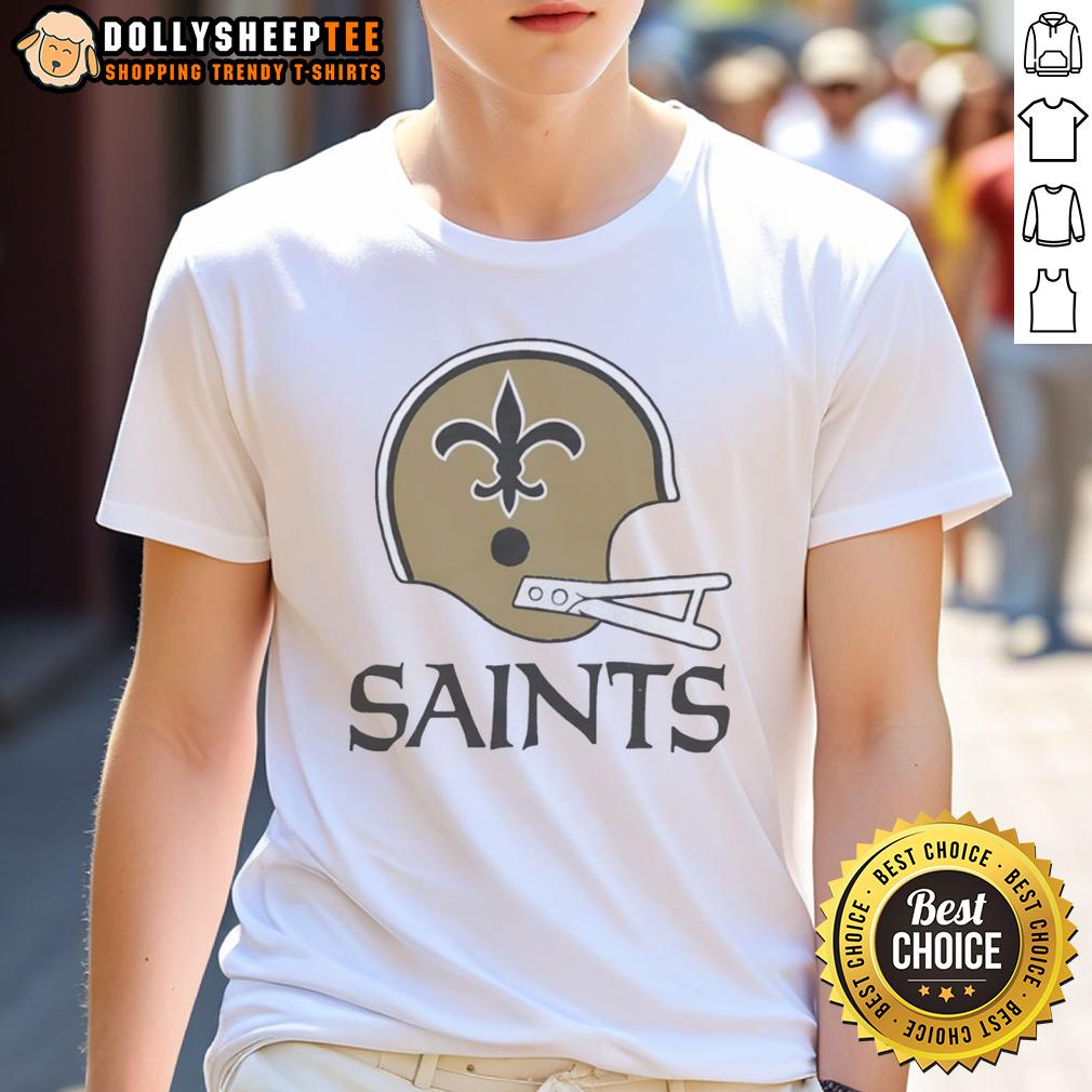 Official New Orleans Saints Football Logo In Big Helmet T Shirt Alt Text: Official New Orleans Saints football logo displayed on a big helmet t-shirt, perfect for NFL fans and game day attire.