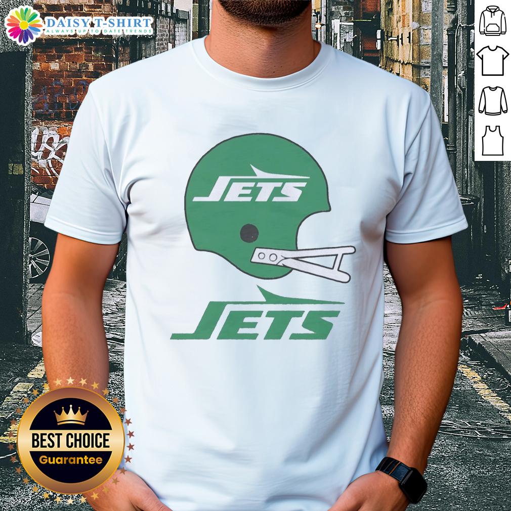 Official New York Jets Football Logo In Big Helmet T Shirt Alt Text: Official New York Jets football logo displayed on a stylish big helmet t-shirt for fans and collectors.