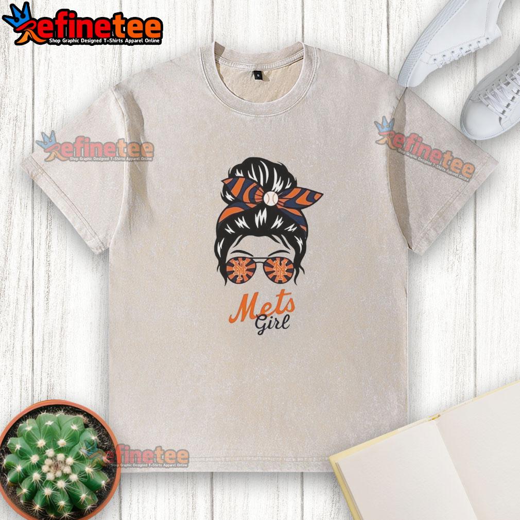official-new-york-mets-girl-messy-bun-glasses-washed-t-shirt Official New York Mets girl in a messy bun and glasses wearing a washed t-shirt, showcasing team spirit and style.