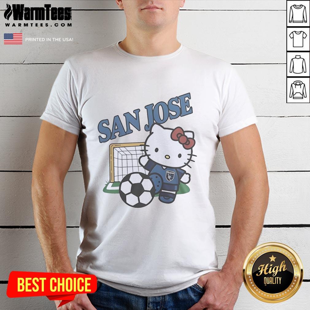 official-san-jose-earthquakes-fc-x-hello-kitty-t-shirt Alt Text: Official San Jose Earthquakes FC x Hello Kitty T-Shirt featuring a playful design and vibrant team colors.