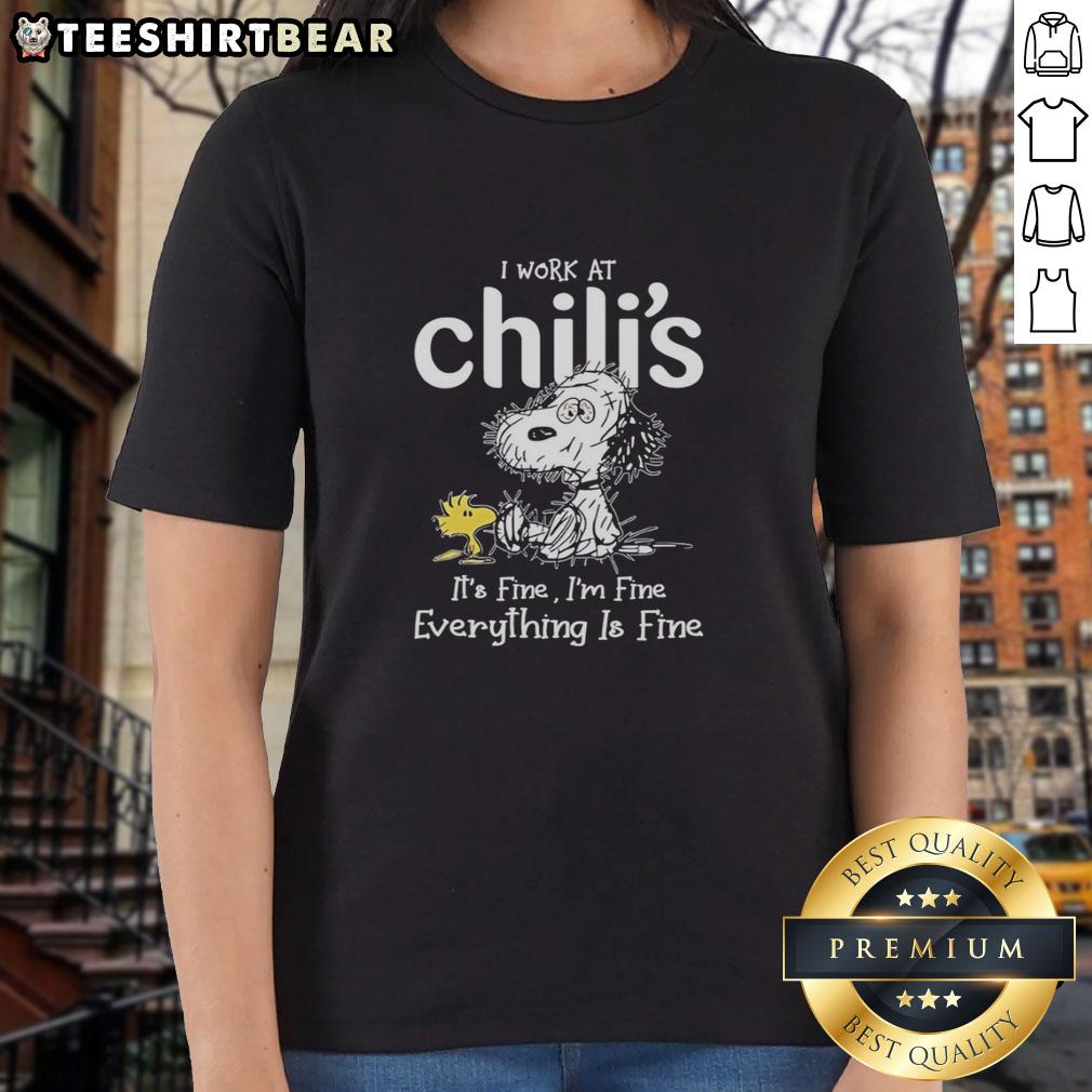 official-snoopy-and-woodstock-x-chilis-i-work-at-its-fine-im-fine-everything-is-fine-ladies-tee Alt Text: Official Snoopy and Woodstock X Chilis tee featuring I work at it's fine, I'm fine, everything is fine slogan for ladies.