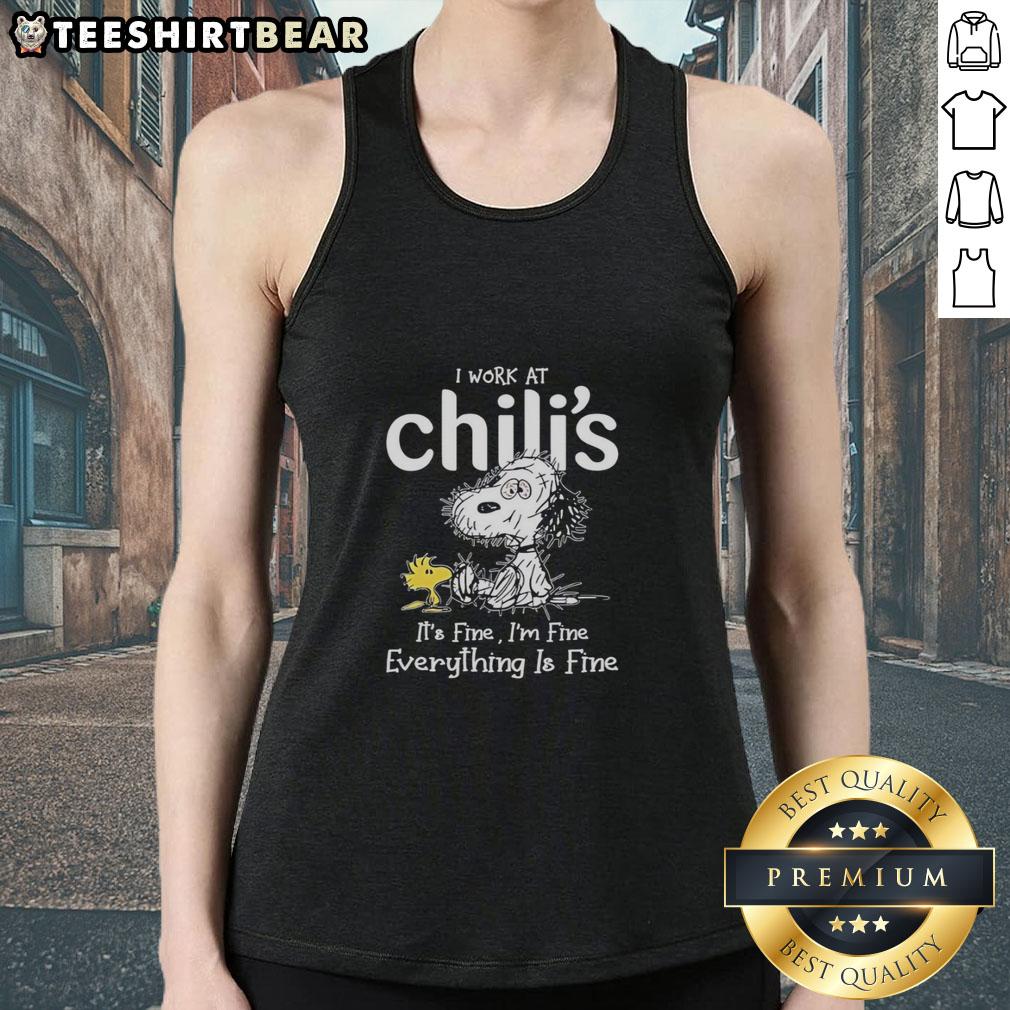 official-snoopy-and-woodstock-x-chilis-i-work-at-its-fine-im-fine-everything-is-fine-tank-top Snoopy and Woodstock graphic on a tank top with 'I Work At It's Fine I'm Fine Everything Is Fine' slogan.