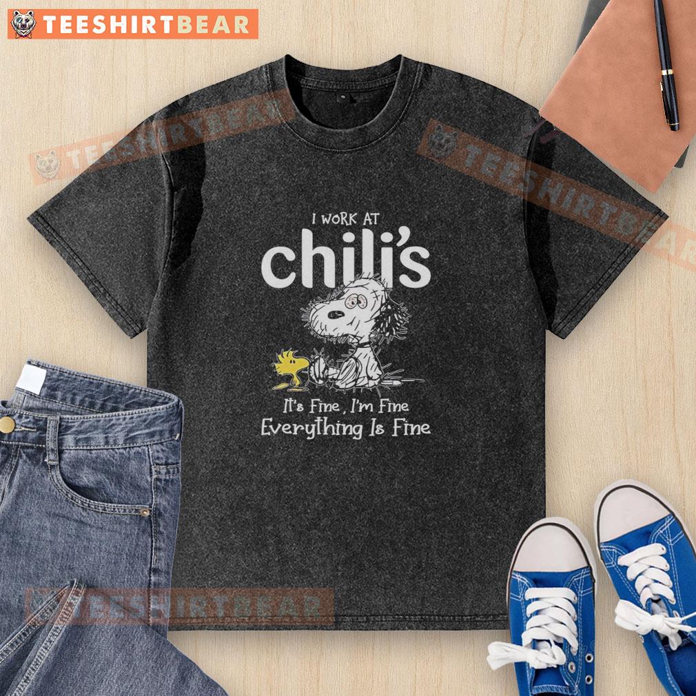 official-snoopy-and-woodstock-x-chilis-i-work-at-its-fine-im-fine-everything-is-fine-washed-t-shirt Official Snoopy and Woodstock X Chili's 'I Work At It's Fine I'm Fine Everything Is Fine' washed t-shirt design.