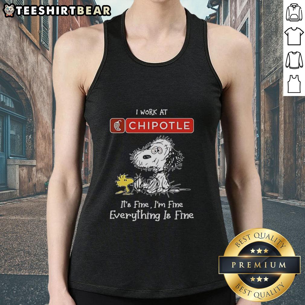 official-snoopy-and-woodstock-x-chipotle-mexican-grill-i-work-at-its-fine-im-fine-everything-is-fine-tank-top Official Snoopy and Woodstock tank top from Chipotle, featuring 'I work at it's fine, I'm fine, everything is fine' design.