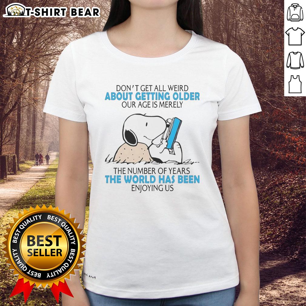 Official Snoopy Don't Get All Weird About Getting Older Our Age Is Merely The Number Of Years Ladies-Tee Official Snoopy 'Don't Get All Weird About Getting Older' ladies tee showcasing a fun design celebrating aging with humor.