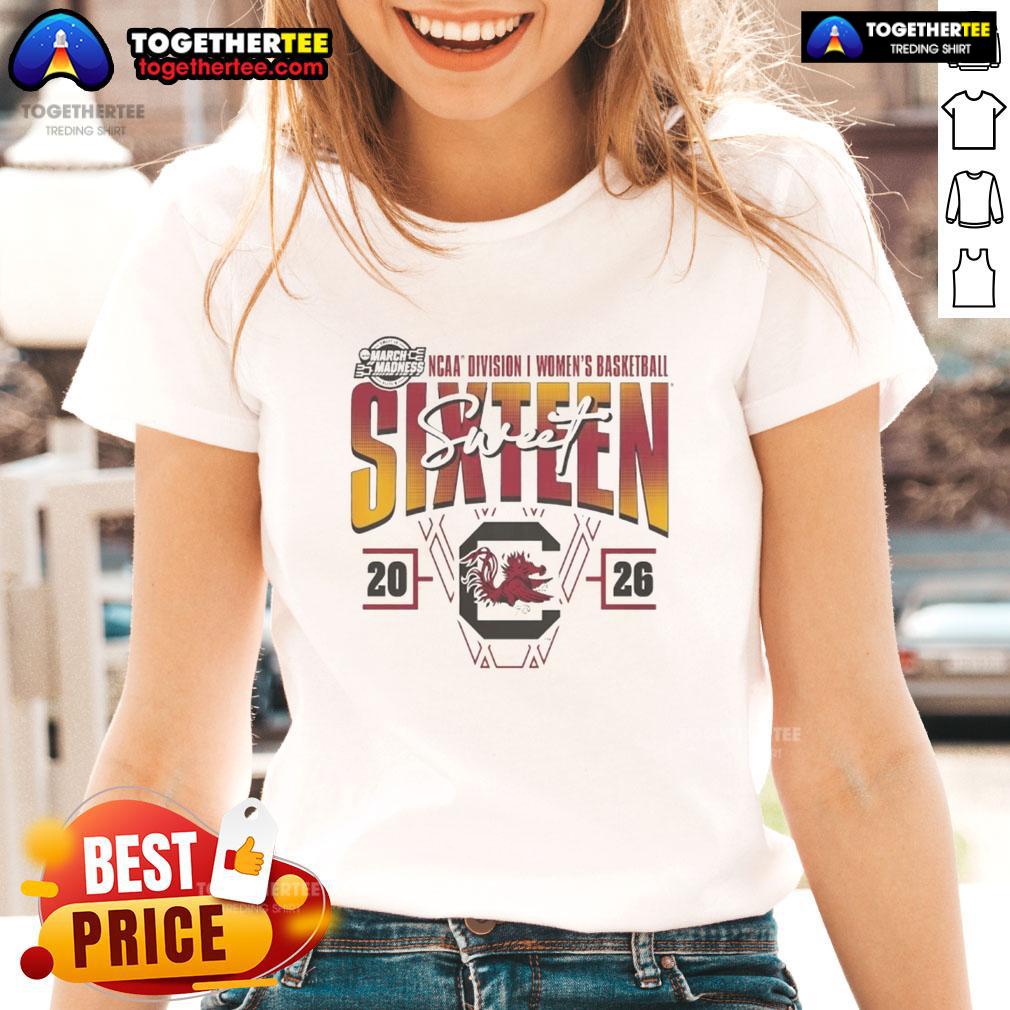 Official South Carolina Gamecocks 2026 March Madness Sweet 16 Ncaa Women's Basketball Tournament Ladies-Tee Alt Text: Official South Carolina Gamecocks 2026 March Madness Sweet 16 NCAA women's basketball tournament ladies tee shirt.