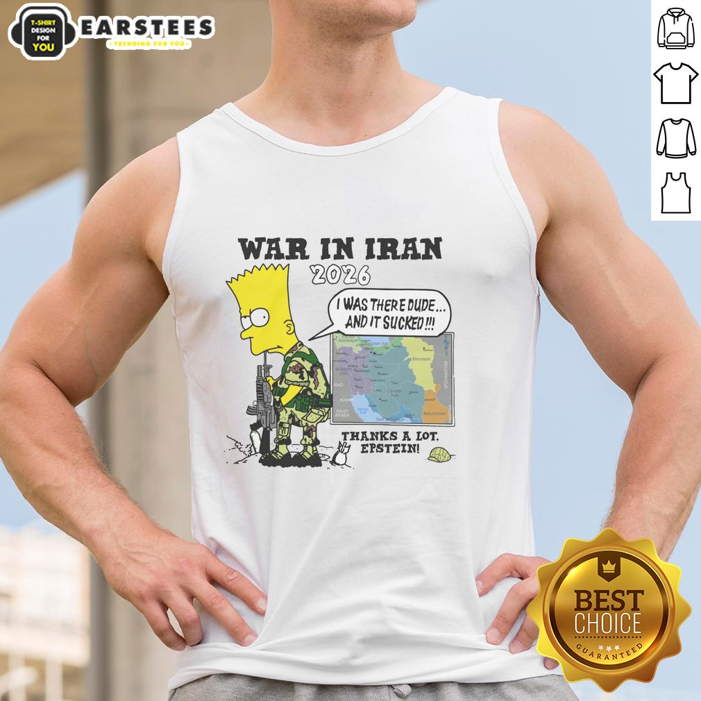 official-war-in-iran-thanks-a-lot-epstein-tank-top Official War in Iran tank top featuring bold graphic and text, inspired by Epstein controversy, perfect for casual wear.