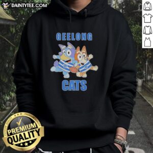 Bluey and Bingo in Geelong Cats football fans' hoodies, celebrating rugby spirit at a lively match.