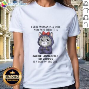 Womens tee featuring a playful design with dolls like Barbie and Annabelle, perfect for fashion-forward fans.
