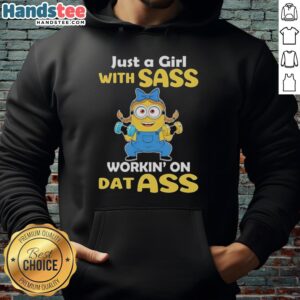 Premium Minion weightlifting hoodie featuring a sassy girl showcasing strength and confidence in a fun design.