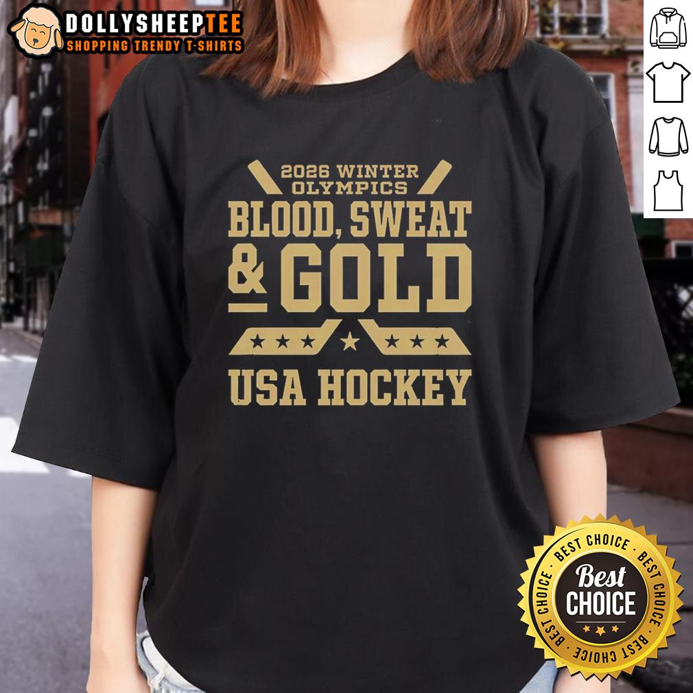 Original 2026 Winter Olympics Blood Sweat And Gold Usa Hockey Ladies Tee Alt Text: USA Hockey Ladies Tee featuring 'Blood, Sweat, and Gold' for the 2026 Winter Olympics, perfect for sports fans.
