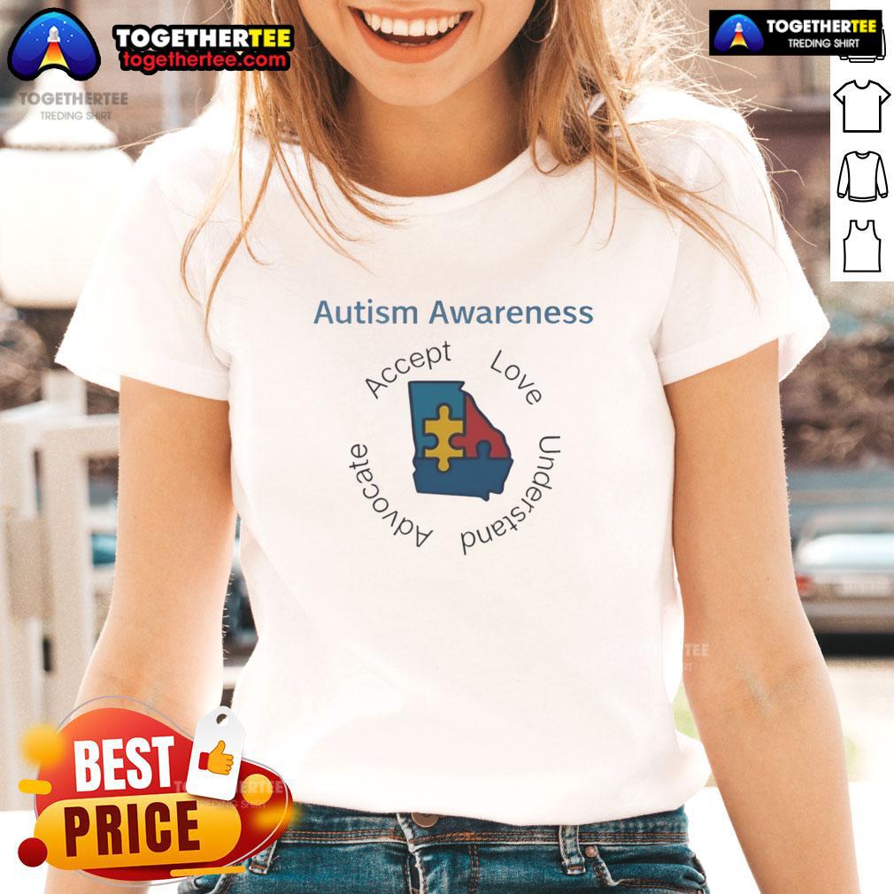 Original Autism Awareness Georgia Puzzle Piece Accept Love Understand Advocate Ladies-Tee Original Autism Awareness Georgia puzzle piece tee for ladies, promoting acceptance, love, understanding, and advocacy.