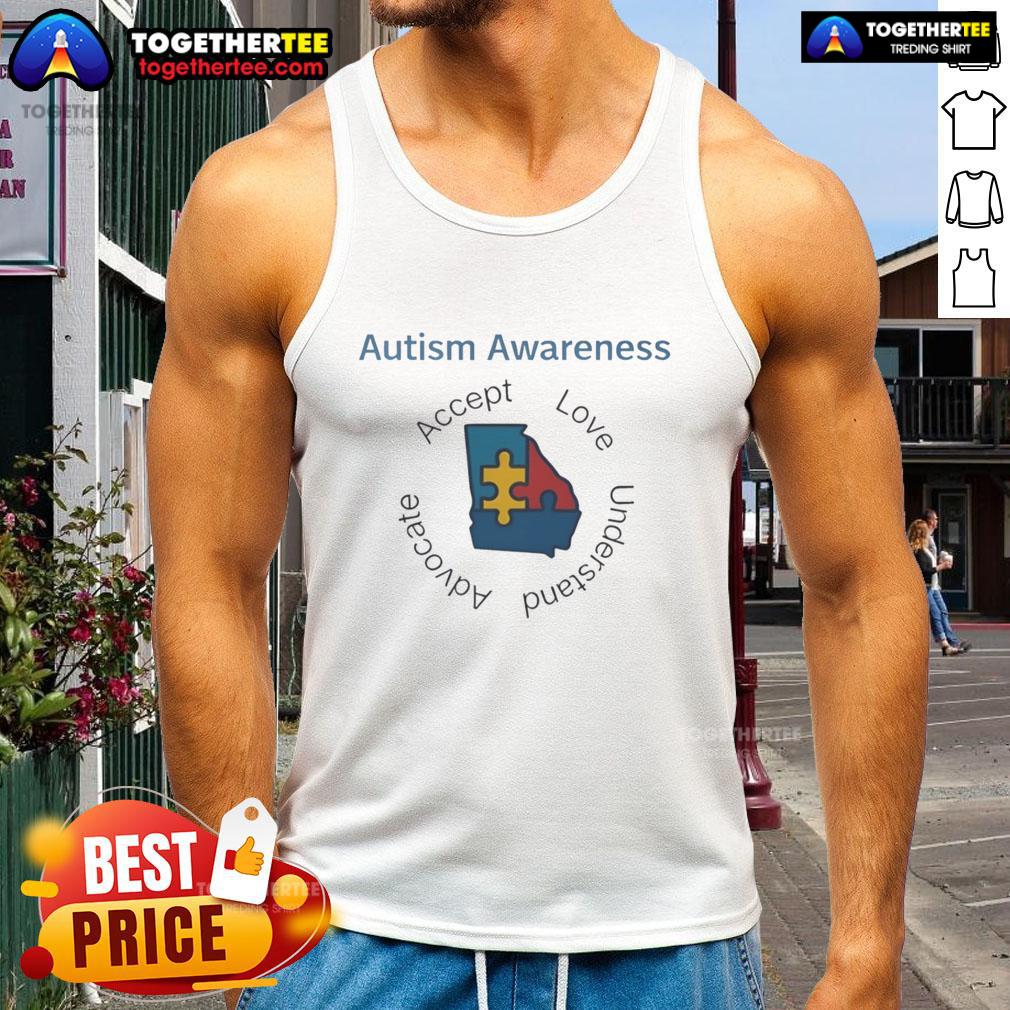 Original Autism Awareness Georgia Puzzle Piece Accept Love Understand Advocate Tank Top Original Autism Awareness Georgia puzzle piece tank top promoting acceptance, love, understanding, and advocacy.