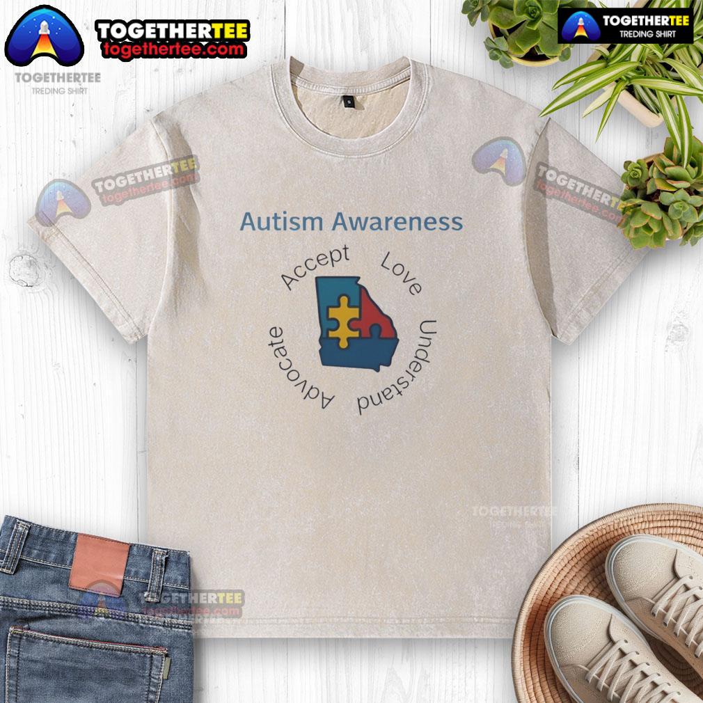 Original Autism Awareness Georgia Puzzle Piece Accept Love Understand Advocate Washed T-Shirt Georgia autism awareness washed t-shirt featuring a puzzle piece design with 'Accept, Love, Understand, Advocate' slogan.