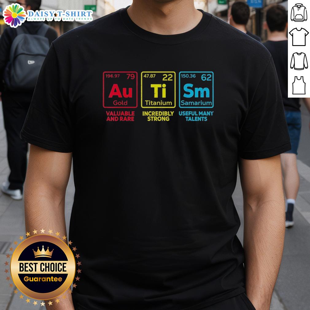 Original Autism Awareness Gold Titanium Samarium Valuable And Rare Incredibly Strong Useful Many Talents T-Shirt Original Autism Awareness Gold Titanium Samarium T-Shirt showcasing strength, rarity, and unique talents in vibrant design.