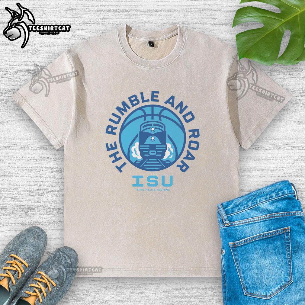 original-indiana-state-sycamores-rumble-and-roar-washed-t-shirt Alt Text: Original Indiana State Sycamores Rumble and Roar washed t-shirt in blue, featuring a vintage-style logo and soft fabric.