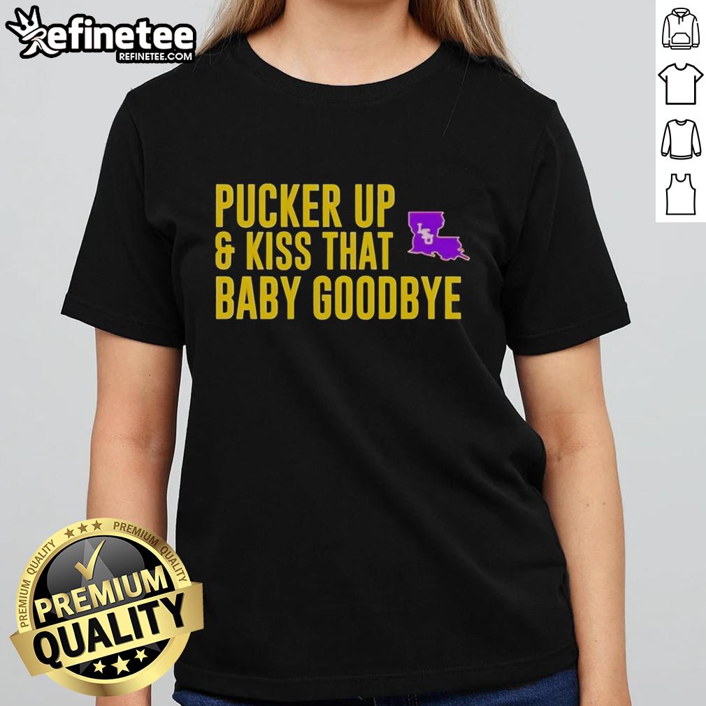original-lsu-pucker-up-and-kiss-that-baby-goodbye-ladies-tee Original LSU Pucker Up and Kiss That Baby Goodbye Ladies Tee in vibrant purple with playful graphics for LSU fans.