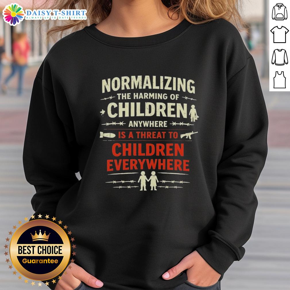 Original Normalizing The Harming Of Children Anywhere Is A Threat To Children Everywhere Sweatshirt Original sweatshirt featuring 'Normalizing the Harming of Children Anywhere is a Threat to Children Everywhere' message.