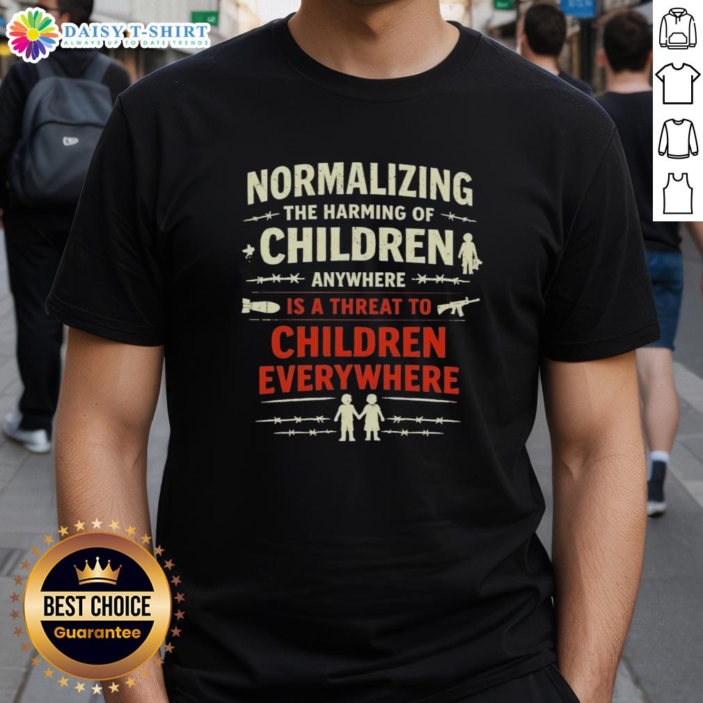 Original Normalizing The Harming Of Children Anywhere Is A Threat To Children Everywhere T-Shirt Alt Text: Original Normalizing the Harming of Children Anywhere is a Threat to Children Everywhere T-Shirt design.