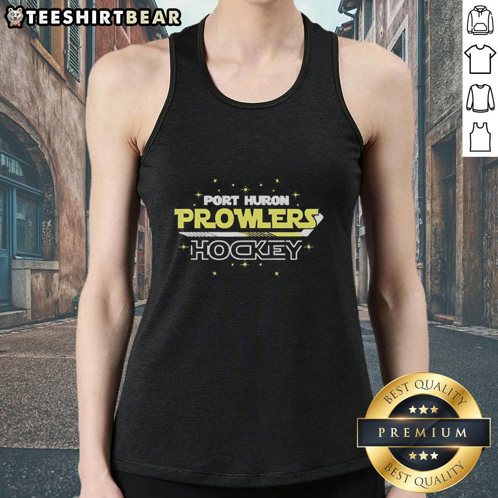 original-port-huron-prowlers-hockey-team-yellow-text-with-stars-and-stick-tank-top Alt Text: Original Port Huron Prowlers hockey team tank top featuring yellow text, stars, and a hockey stick design.