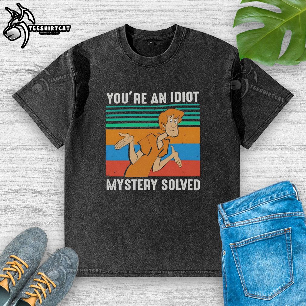 original-shaggy-rogers-in-scooby-doo-youre-an-idiot-mystery-solved-washed-t-shirt Original Shaggy Rogers in Scooby Doo 'You're an Idiot' graphic on a washed t-shirt, perfect for fans and collectors.