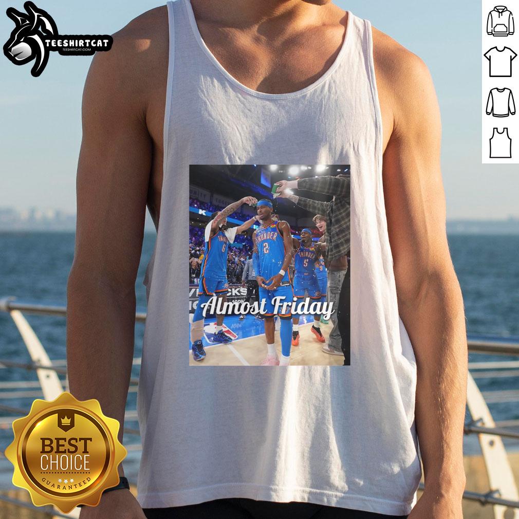original-shai-gilgeous-alexander-oklahoma-city-thunder-almost-friday-postgame-tank-top Shai Gilgeous-Alexander wearing an Oklahoma City Thunder tank top after a game, perfect for Almost Friday vibes.