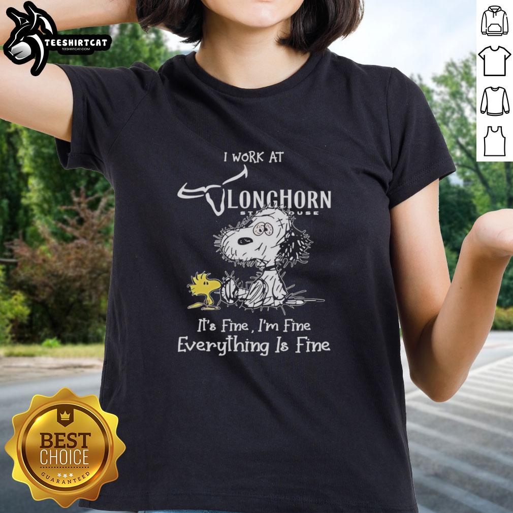 original-snoopy-and-woodstock-texas-longhorn-i-work-at-its-fine-im-fine-everything-is-fine-ladies-tee Original Snoopy and Woodstock Texas Longhorn tee featuring 'I Work At It's Fine I'm Fine Everything Is Fine' design.