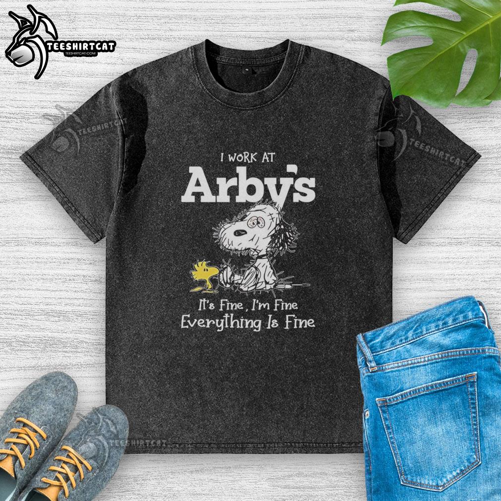 original-snoopy-and-woodstock-x-arbys-i-work-at-its-fine-im-fine-everything-is-fine-washed-t-shirt Alt Text: Original Snoopy and Woodstock X Arby's t-shirt featuring 'I Work At It's Fine I'm Fine Everything Is Fine' design.