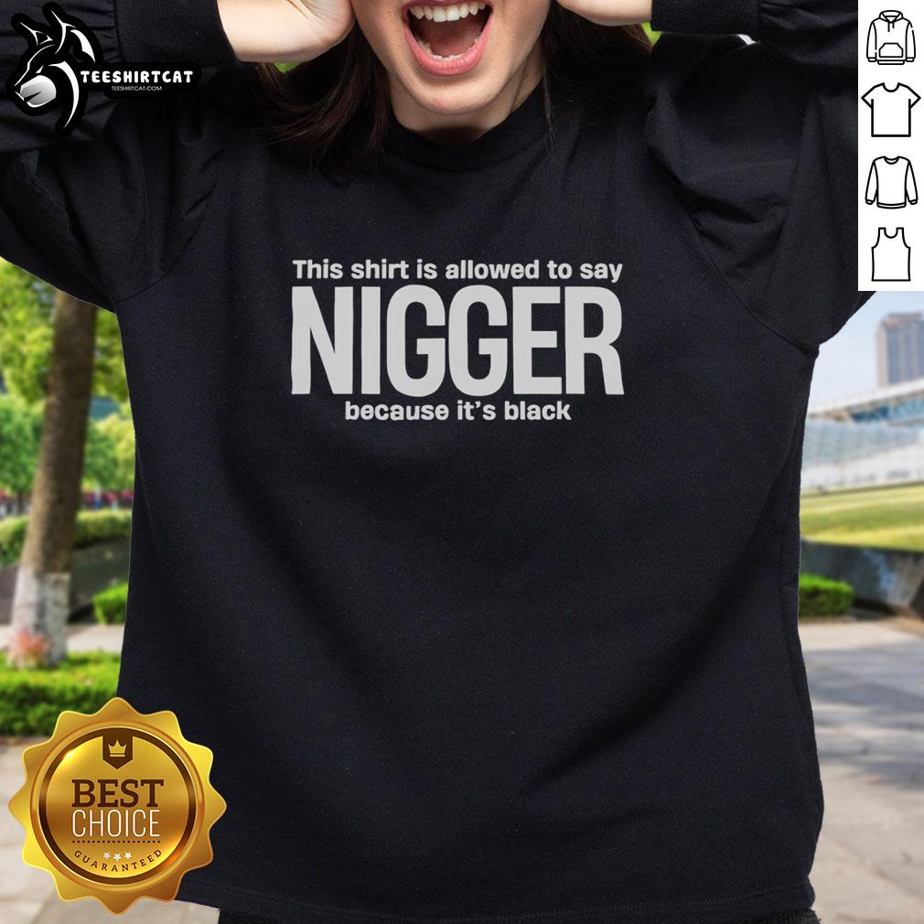 original-this-shirt-is-allowed-to-say-nigger-because-its-black-funny-sweatshirt Funny sweatshirt with the phrase 'This Shirt Is Allowed To Say Nigger Because It's Black' in bold text on a black background.