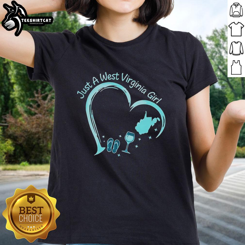 original-west-virginia-slippers-and-wine-glass-heart-stylized-just-a-west-virginia-girl-ladies-tee Stylized West Virginia girl tee featuring slippers and wine glass heart design, perfect for proud West Virginians.
