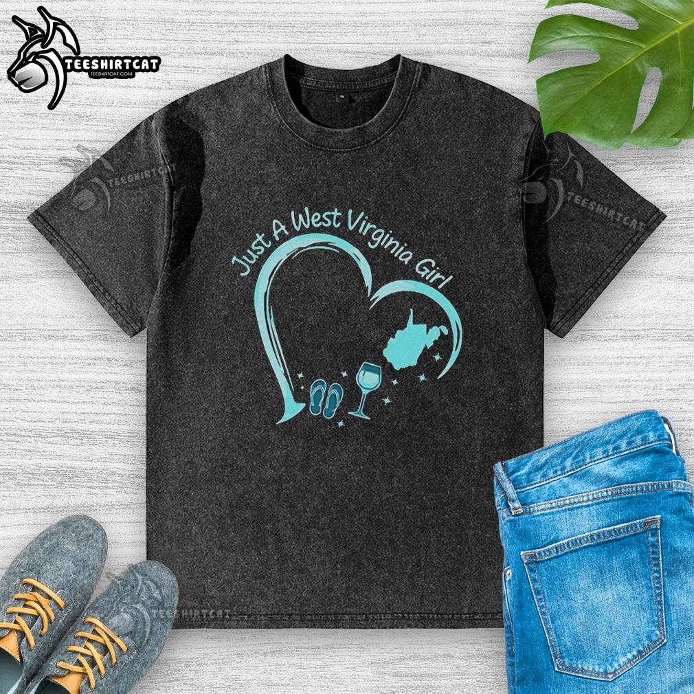 original-west-virginia-slippers-and-wine-glass-heart-stylized-just-a-west-virginia-girl-washed-t-shirt Stylized 'Just a West Virginia Girl' t-shirt with slippers and a wine glass, perfect for West Virginia enthusiasts.