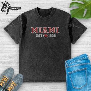 Alt Text: Premium Miami Redhawks Basketball Est. 1809 washed t-shirt in red, perfect for fans and casual wear enthusiasts.