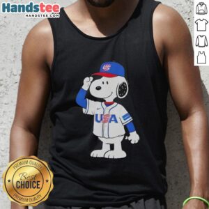 Snoopy USA baseball jersey salute graphic tank top featuring a playful design and vibrant colors for summer wear.