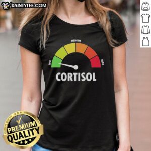 Stylish ladies tee featuring a graphic on low, medium, and high cortisol levels for health awareness.