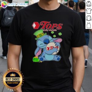 Top Stitch Hug Tops Friendly Markets logo on a festive St. Patrick's Day T-shirt, perfect for celebrating the holiday.