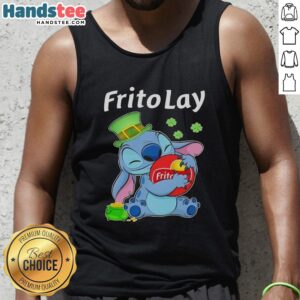 Cute Stitch hugging Frito Lay logo on a St. Patrick's Day tank top, perfect for festive celebrations and casual wear.