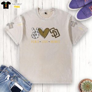 Pretty Diego Padres peace love hand sign heart shape logo on a washed t-shirt, perfect for Padres fans.
