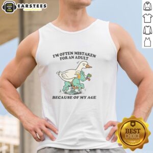 Young person in an 'Awesome, I'm Often Mistaken for an Adult' duck tank top, showcasing a fun and playful style.