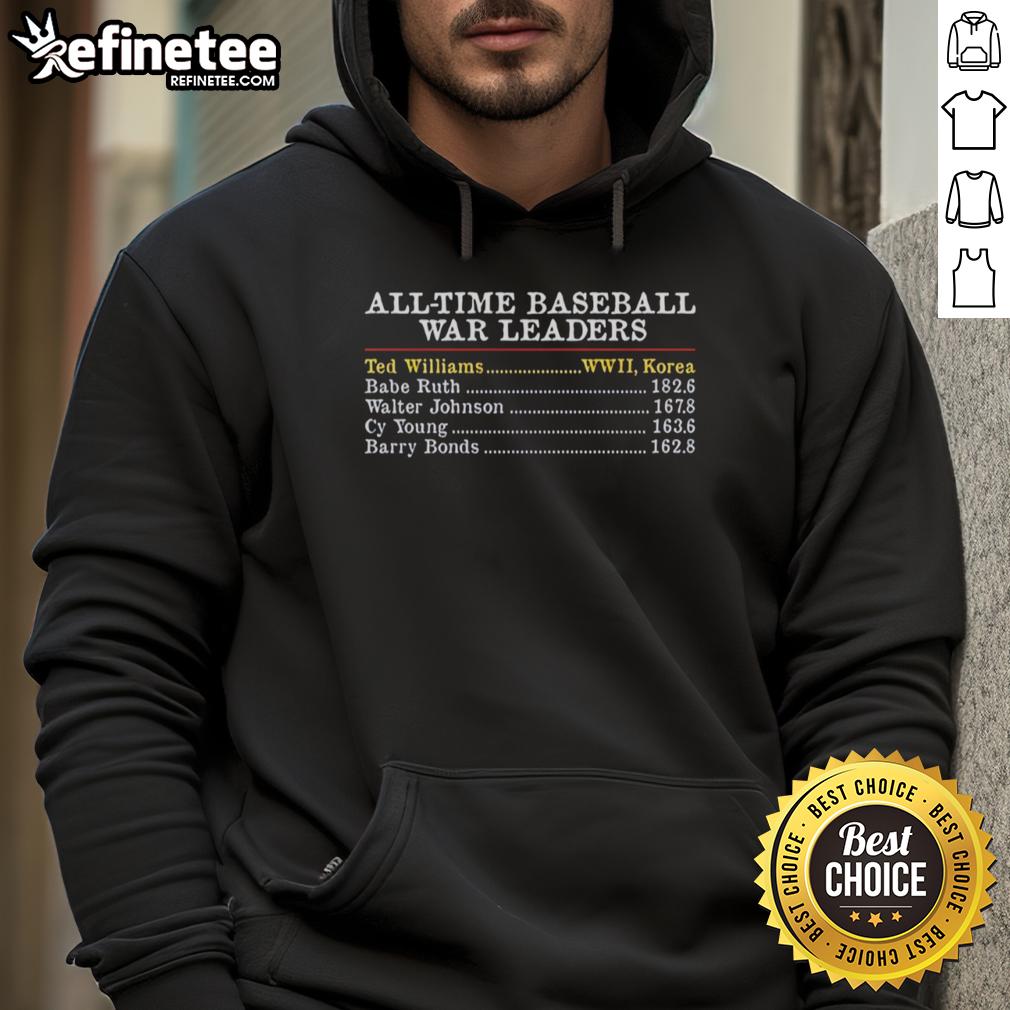 premium-all-time-baseball-war-leaders-ted-williams-wwii-korea-babe-ruth-walter-johnson-cy-barry-bonds-hoodie Premium all-time baseball WAR leaders hoodie featuring Ted Williams, Babe Ruth, Walter Johnson, Cy Young, and Barry Bonds.