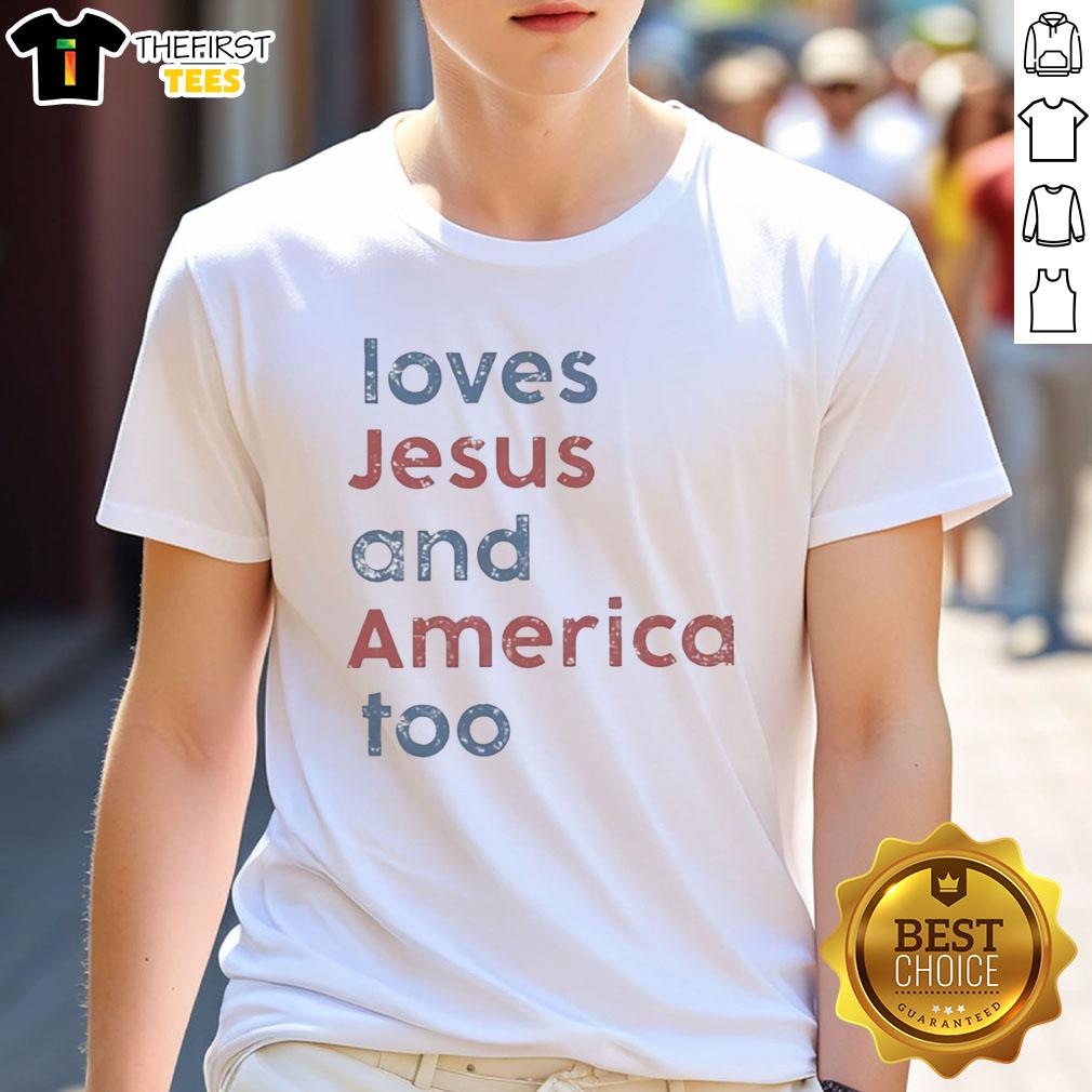 premium-loves-jesus-and-america-too-retro-t-shirt-1 Alt Text: Premium Loves Jesus And America Too Retro T-Shirt featuring a vintage design with patriotic colors and symbols.