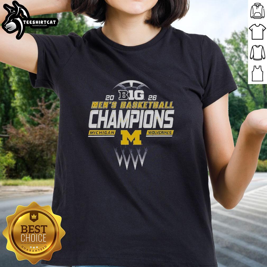 premium-michigan-wolverines-2026-big-ten-mens-basketball-regular-season-champions-ladies-tee Premium Michigan Wolverines 2026 Big Ten Men's Basketball Champions Ladies Tee, featuring team colors and logo.