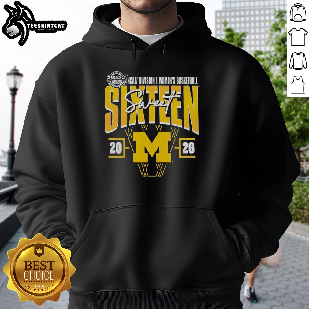 premium-michigan-wolverines-2026-ncaa-womens-basketball-tournament-march-madness-sweet-16-hoodie Alt Text: Premium Michigan Wolverines 2026 NCAA Women's Basketball Tournament March Madness Sweet 16 hoodie in navy blue.