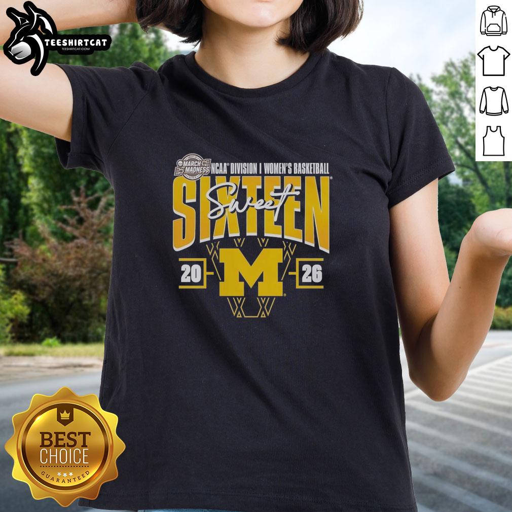 premium-michigan-wolverines-madness-sweet-16-ncaa-division-i-womens-basketball-tournament-ladies-tee Premium Michigan Wolverines Madness Sweet 16 NCAA Women's Basketball Tournament ladies tee in blue and maize colors.