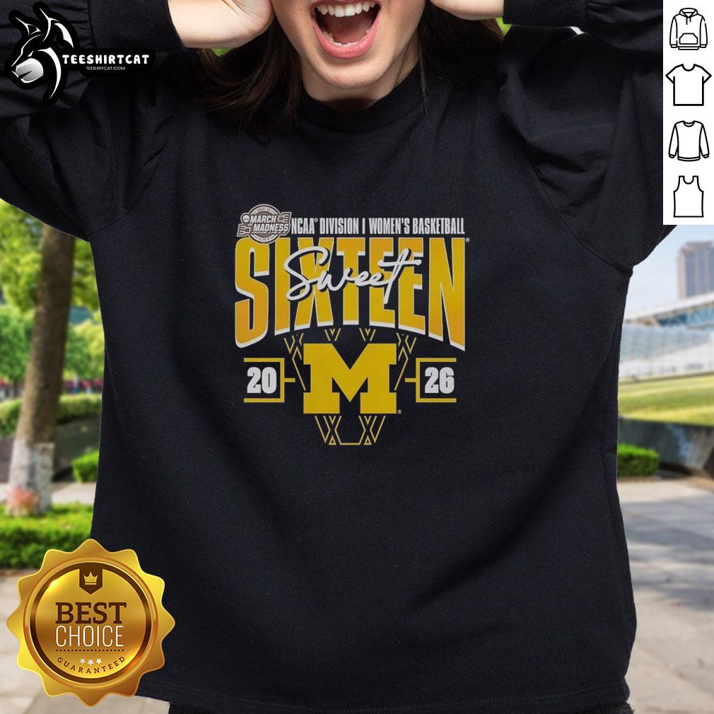 premium-michigan-wolverines-madness-sweet-16-ncaa-division-i-womens-basketball-tournament-sweatshirt Premium Michigan Wolverines Madness Sweet 16 NCAA Division I Women's Basketball Tournament Sweatshirt in blue.