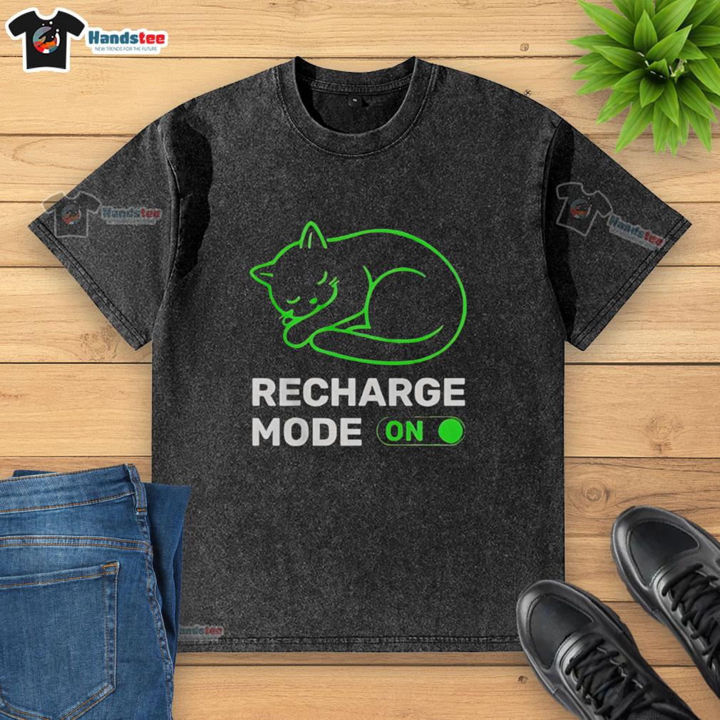 premium-neon-cat-recharge-mode-on-washed-t-shirt Alt Text: Premium neon cat graphic on a washed t-shirt with Recharge Mode On text, perfect for casual wear lovers.